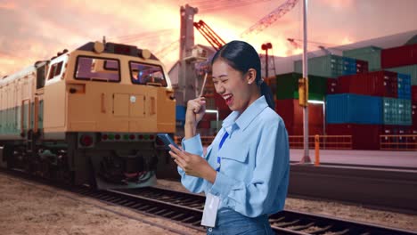side view of asian female professional worker with her smartphone with freight cargo train at port, she raises her fist up with screaming goal after check on the smartphone