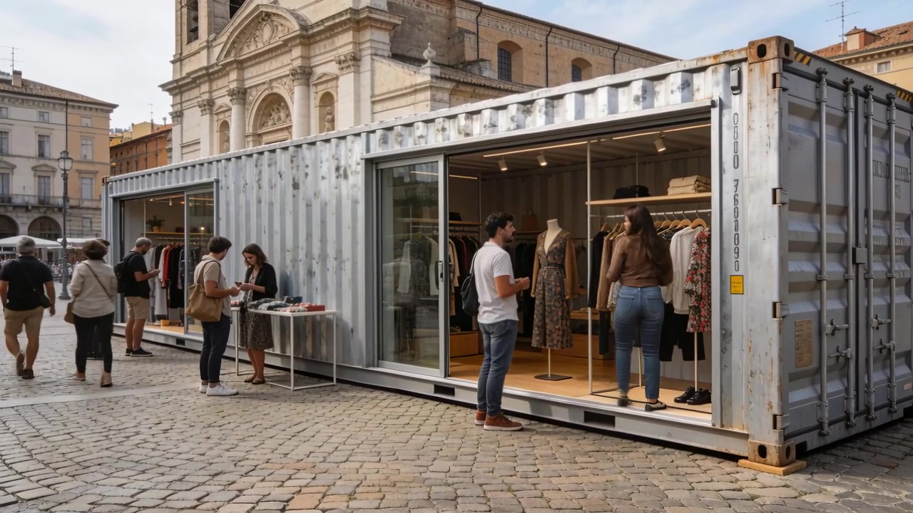 Voorbijgangers trekken winkelend publiek aan, metalen pop-up container ontvangt bezoekers op het plein, kleding inspecterend.