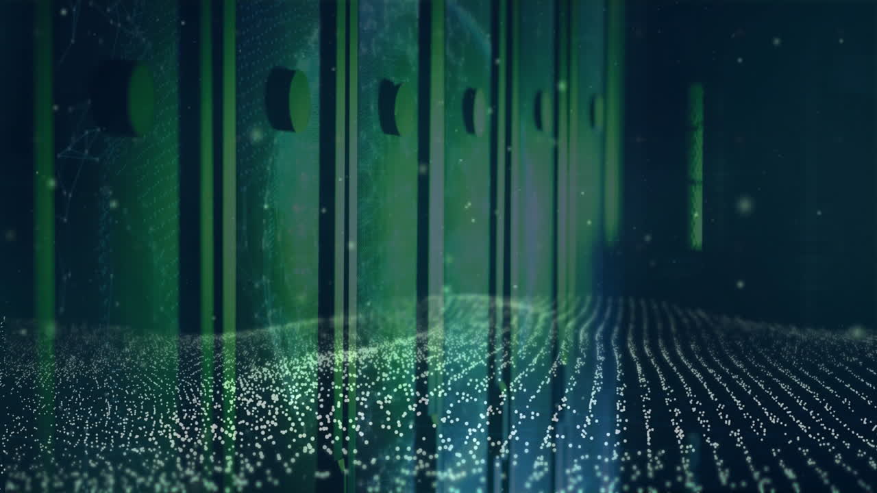Animation of glowing particles flowing over green server racks in data center