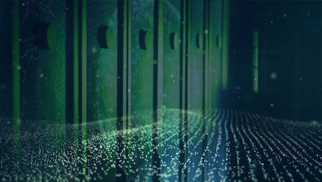 animation of glowing particles flowing over green server racks in data center