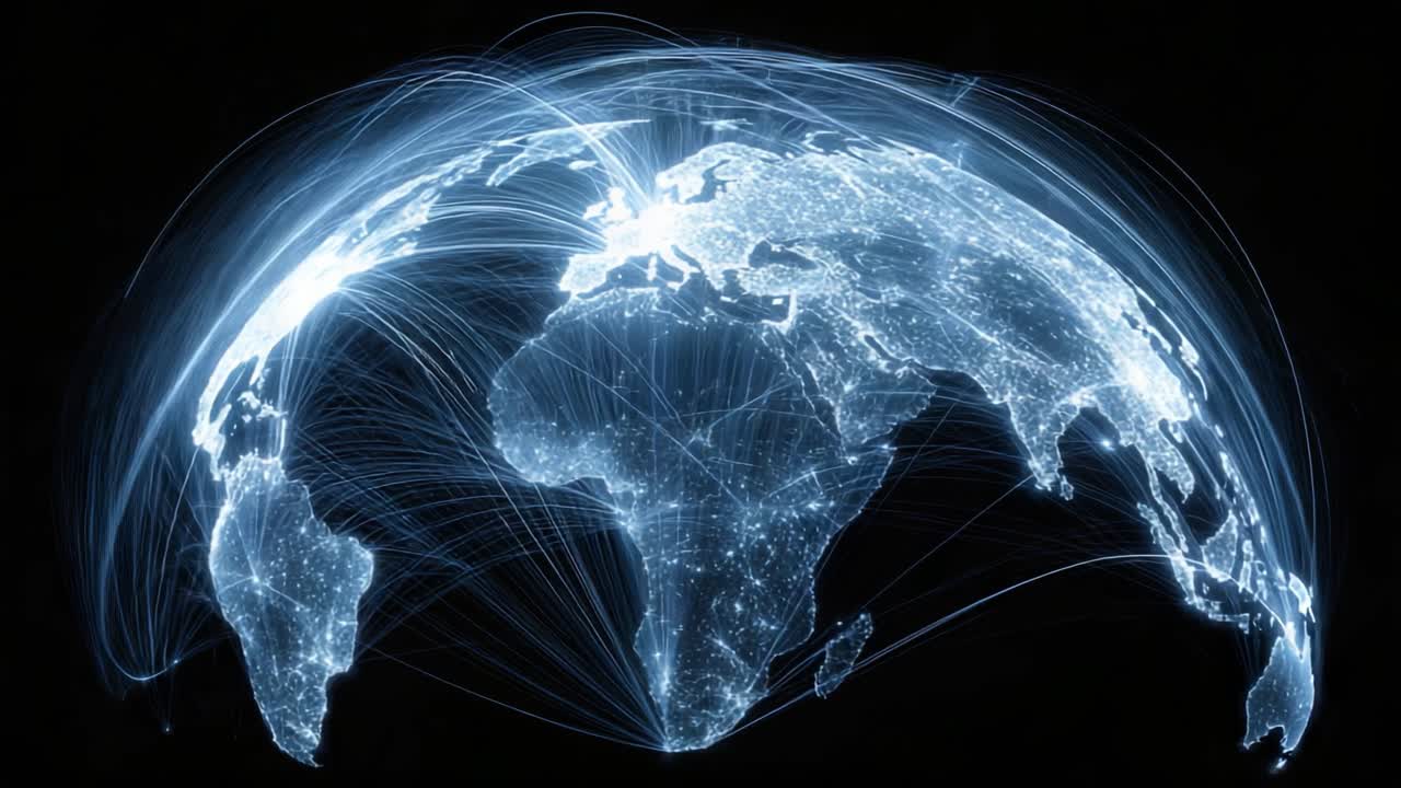 A Stunning Visualization of Global Connectivity Represented by Light Trails Across a Digital Earth, Illustrating the Interconnectedness of Our Modern World