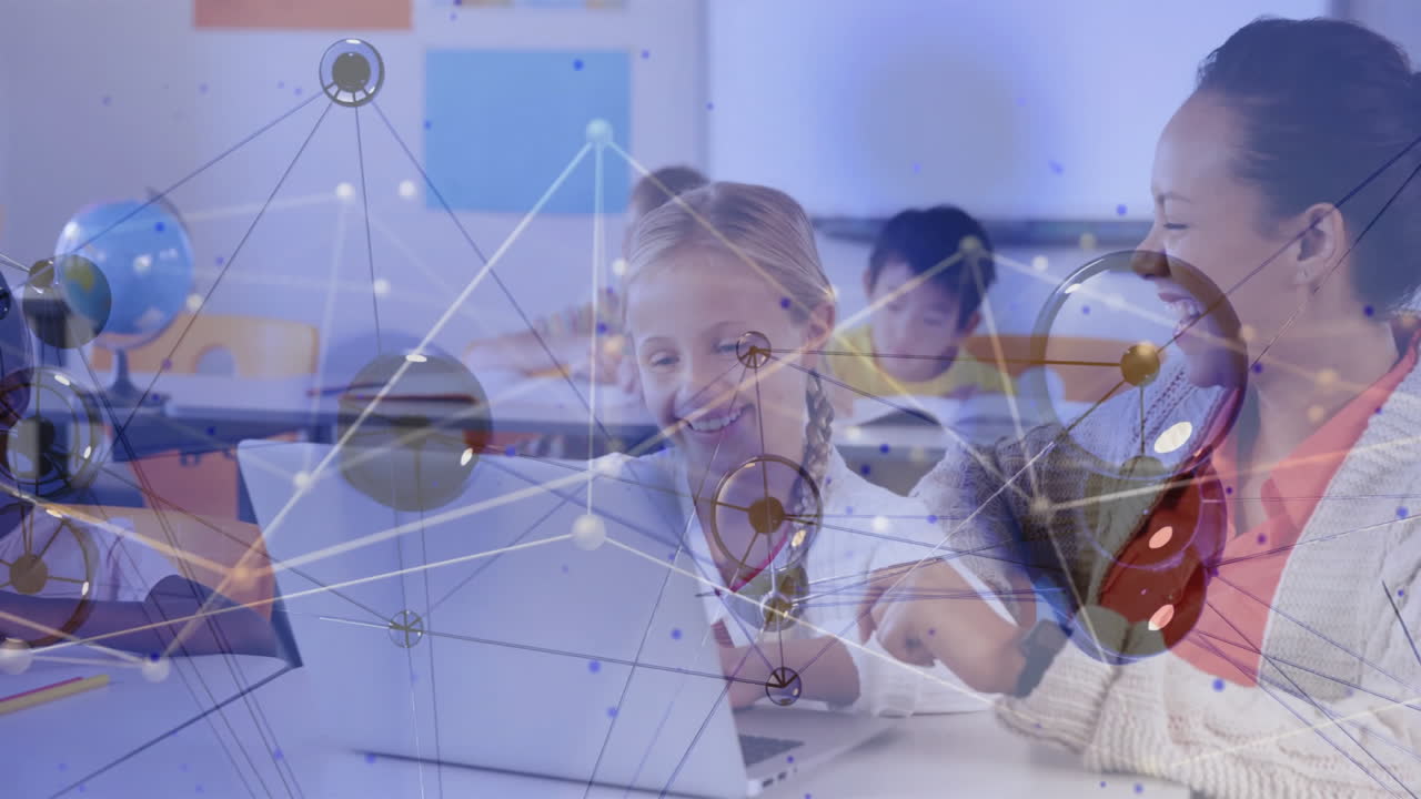 Students using laptop in classroom with network connections animation overlay