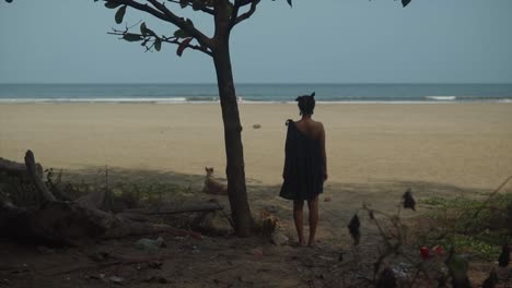 slow motion shot of woman staring at the ocean standing under a tree