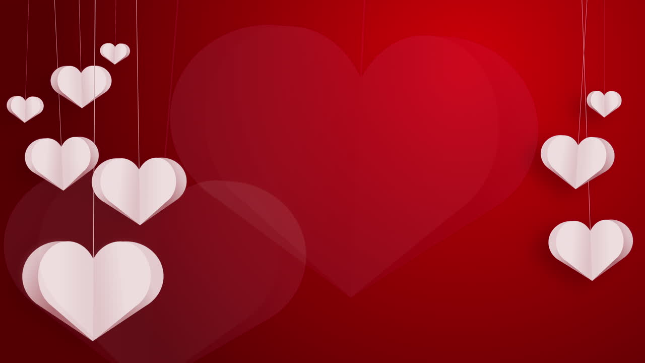 Paper hearts on a string sway in the wind. Animated romantic red background with love symbols.