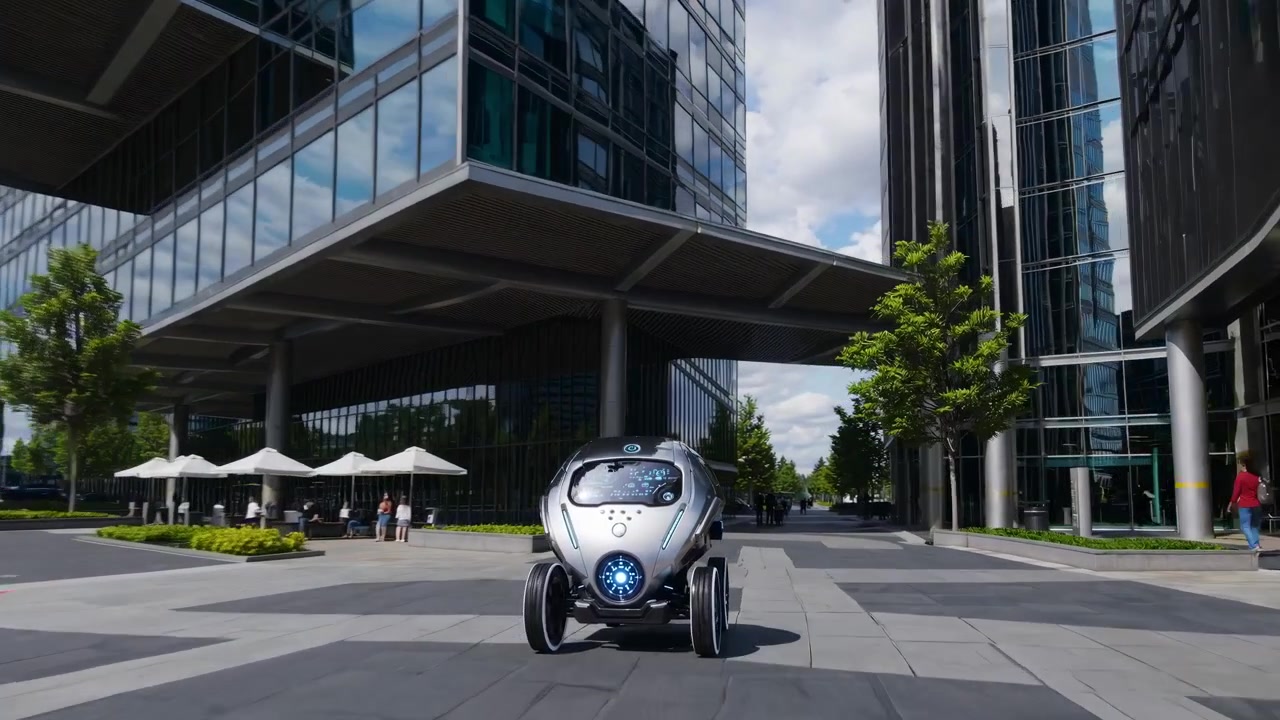 Futuristic Autonomous Pod Vehicle Driving Through Modern Business District