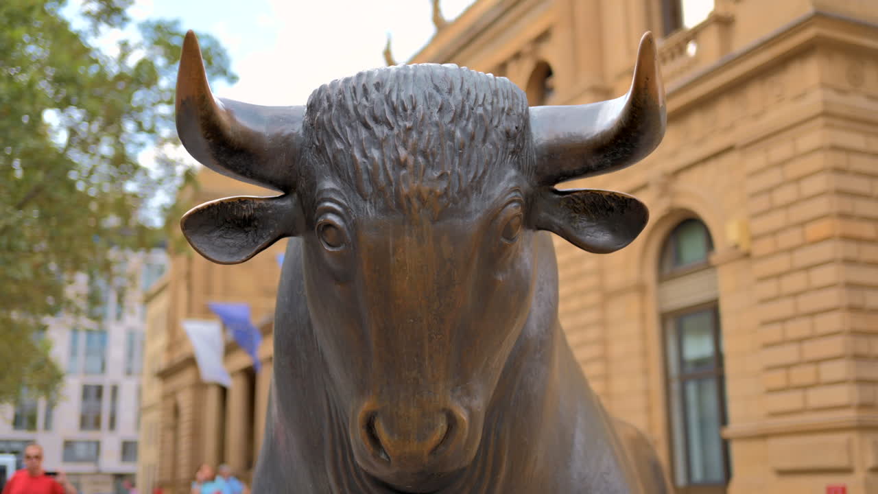 Bull statue near the Bull and Bear Restaurant and Sportsbar in Frankfurt, Germany