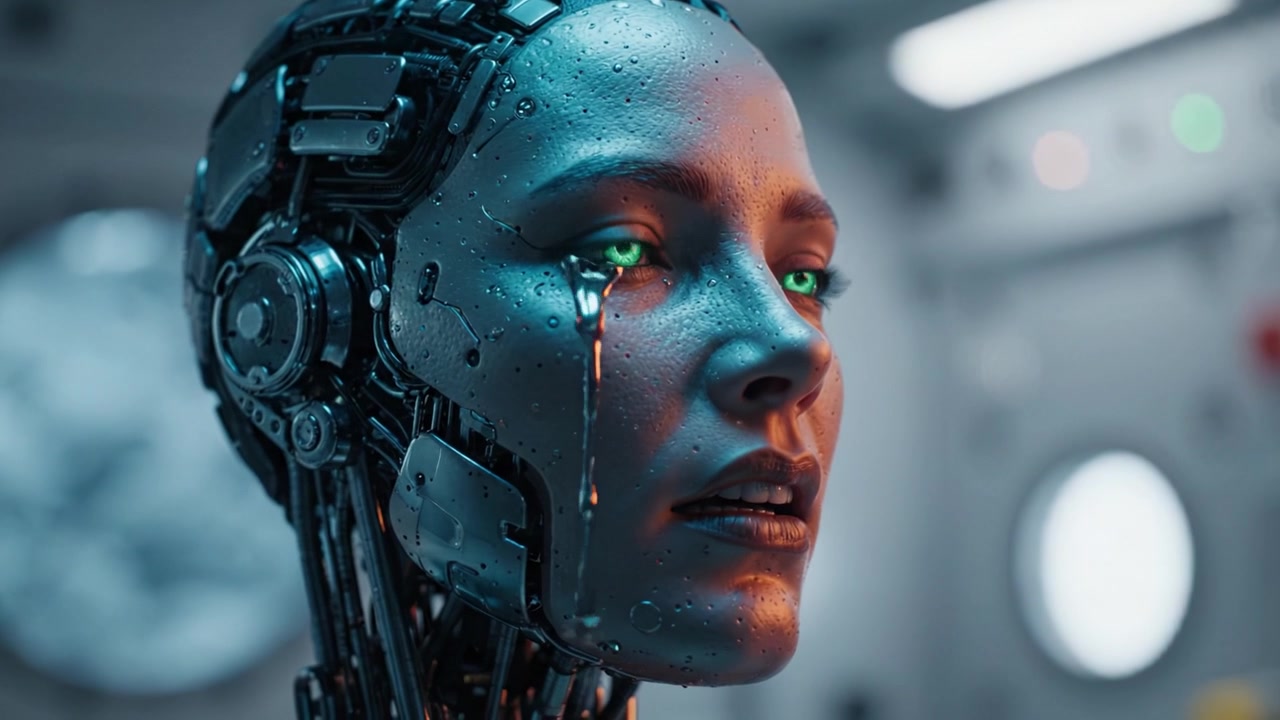 Un robot futuristico con occhi verdi luminosi subisce una trasformazione emotiva, mostrando tecnologia avanzata e approfondimenti sull'intelligenza artificiale e sulle espressioni simili a quelle umane.