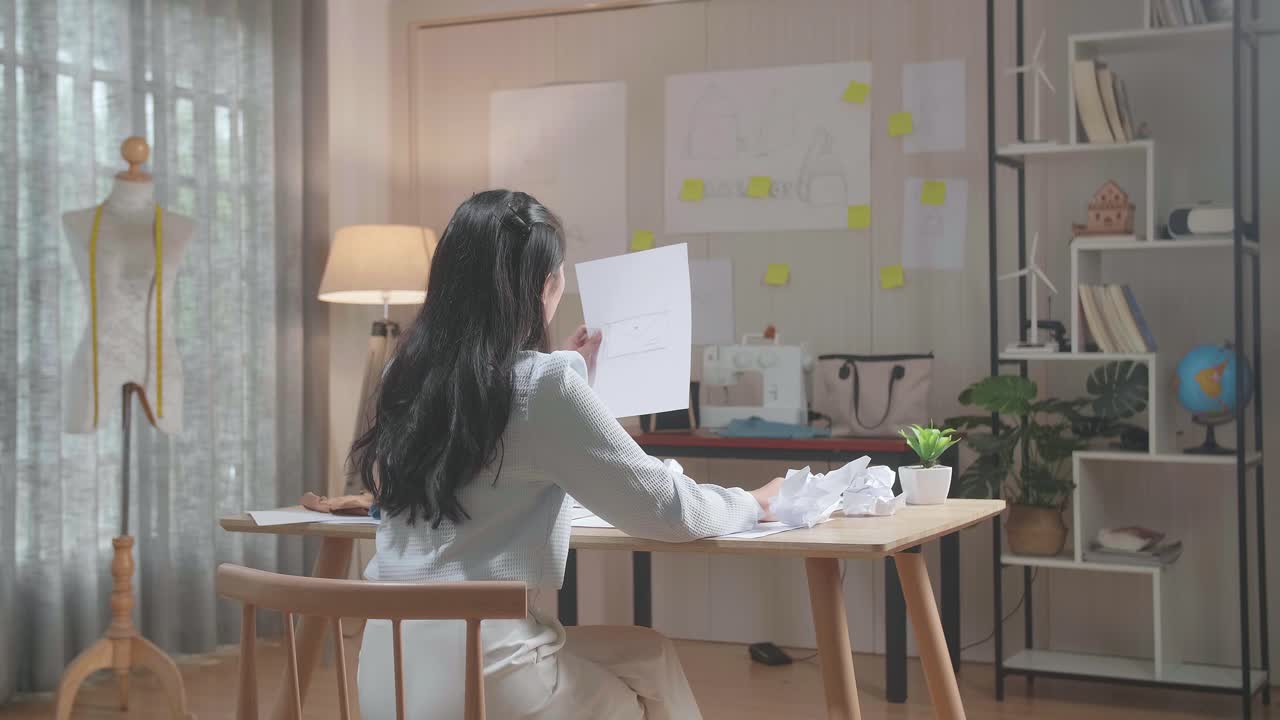 아시아 여성 디자이너의 뒷면은 레이아웃을 그리는 데 실패하여 화가 나고 버립니다.