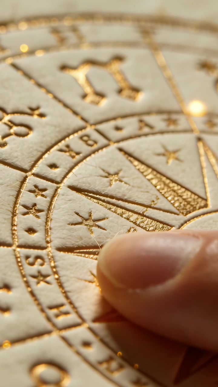 Video verticale: Da destra, una punta traccia un medaglione zodiacale in rilievo su un tavolo, percependo stelle dorate.