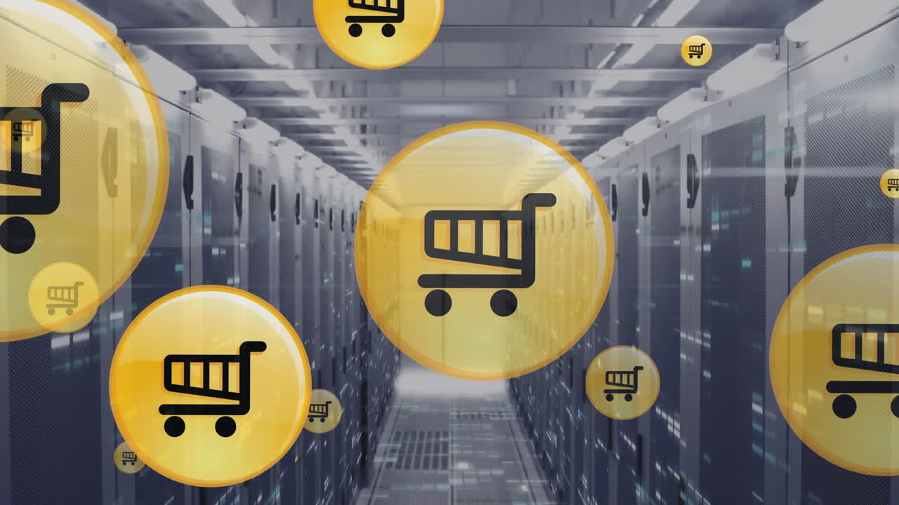 컴퓨터 서버 에 대해 여러 쇼핑 카트 아이콘이 떠다니고 모자이크 사각형의 애니메이션