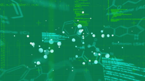 animación de la fórmula química y procesamiento de datos en fondo verde