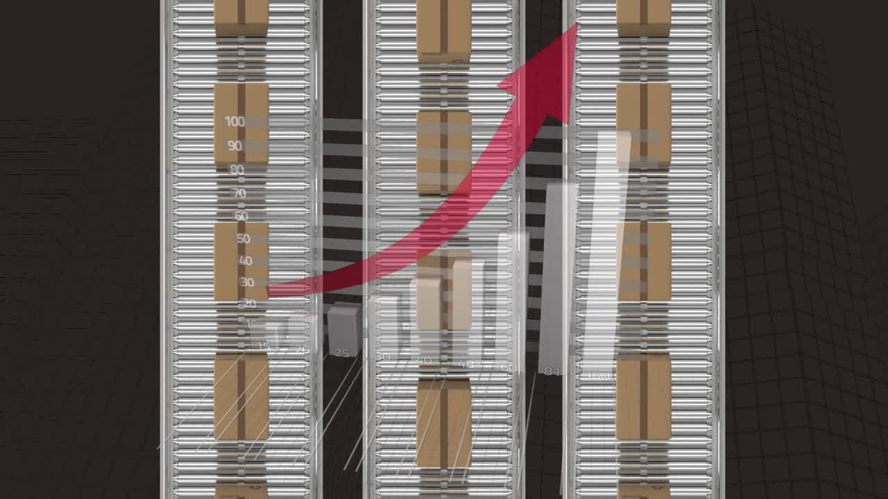 ⁇ 은 화살표는 통계 데이터 처리에 대해 컨베이어 벨트에 있는 배달 상자 위로 올라갑니다.