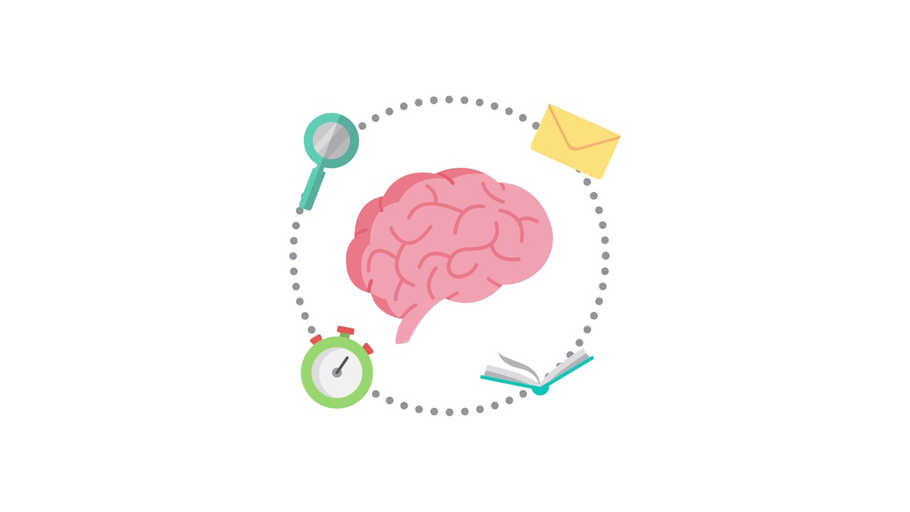 Animated Brain Surrounded by Icons of Learning, Communication, and Analysis