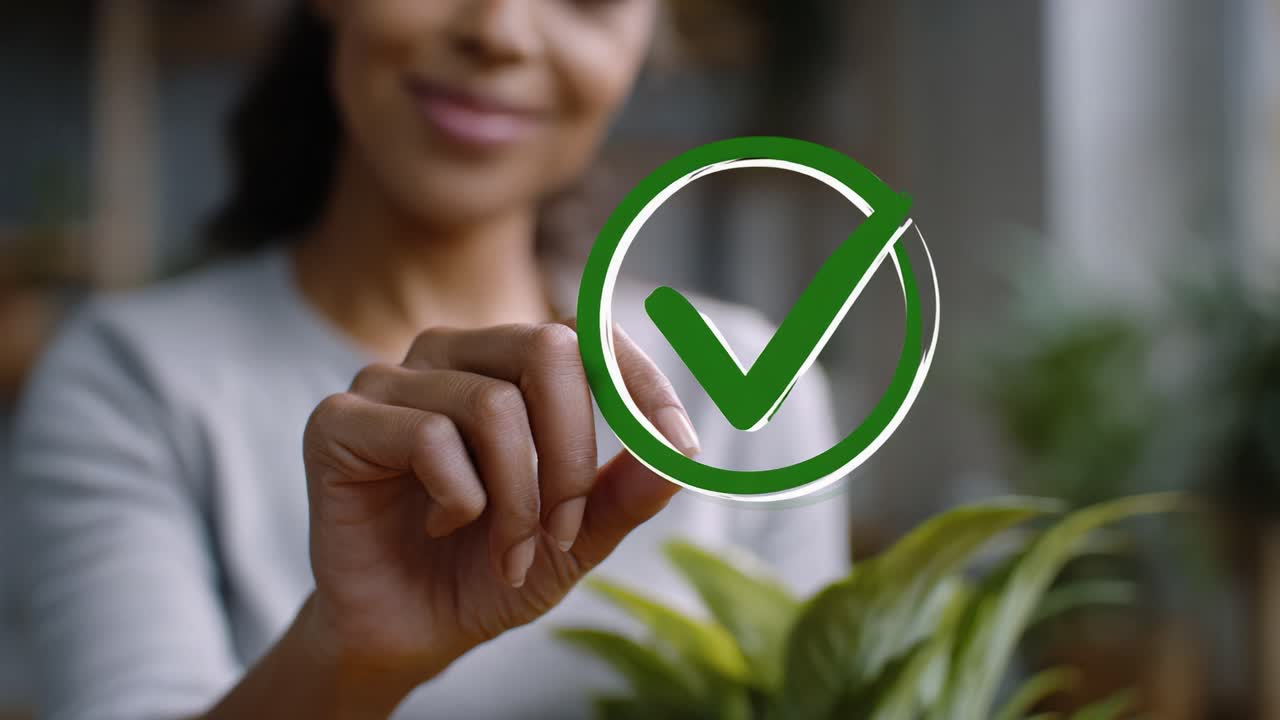 A confident woman marks a successful step towards plant care with a green check symbol, reflecting her passion for nurturing nature and thriving in a sustainable environment