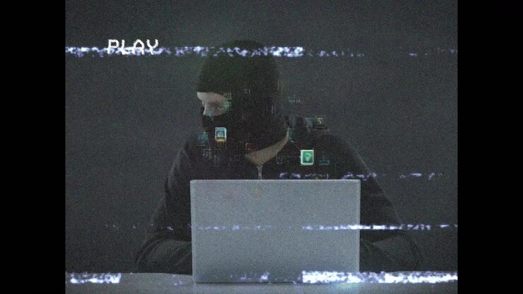 Animation of screen with play digital interface and data processing over hacker with laptop