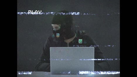 animation of screen with play digital interface and data processing over hacker with laptop