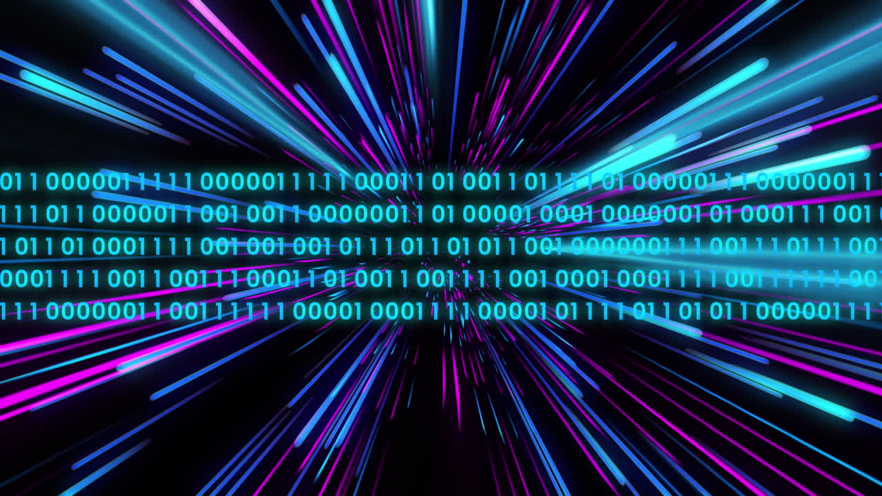 Animation of binary coding over pink and blue neon light trails