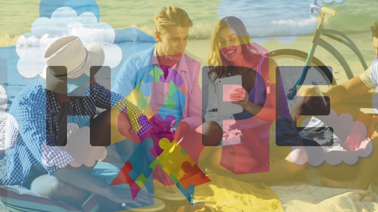 다채로운 퍼즐 조각과 오티즘 텍스트의 애니메이션을 태블릿을 사용하는 행복한 친구들 위에