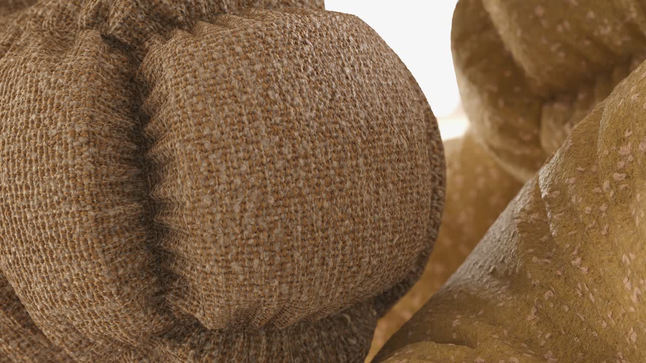 Soft bodies moving around together with fabric texture. 3d animation