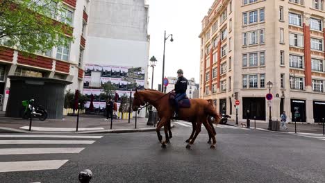 two police officers on horseback crossing city street