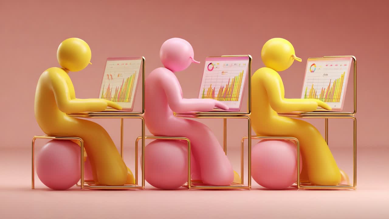 Three Colorful Stylized Figures Working on Modern Laptops Displaying Graphs and Charts, Showcasing Data Analysis and Collaborative Work in a Playful and Creative Environment