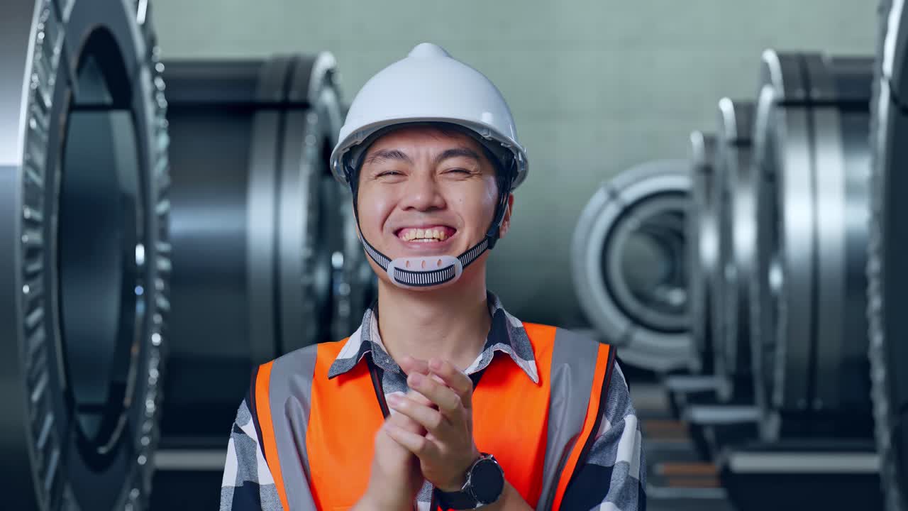 안전 헬을 입은 아시아 남성 엔지니어가 금속 공장에서 서서 웃고 손을 박고 있습니다.