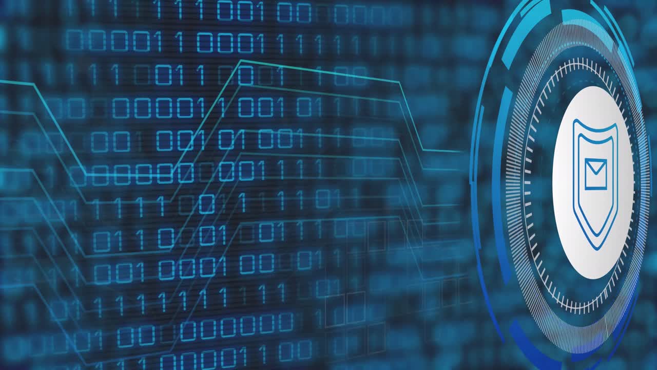 Animation of data processing with shield icon over blue background