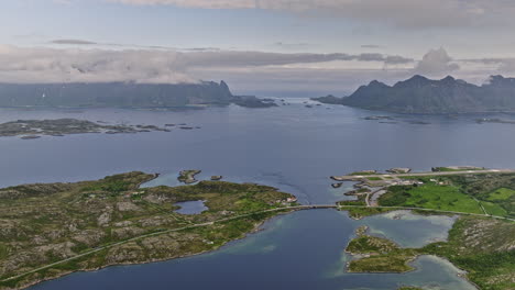 Djevelporten-Norway-Aerial-v2-high-altitude-panoramic-landscape-view-capturing-svolvær-airport,-breathtaking-scenery-of-untouched-lofoten-archipelago-and-fjord---Shot-with-Mavic-3-Cine---June-2022