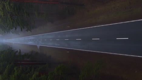 aerial vertical dolly shot over the asphalt road in the foggy forest with mist - horror, dark scenery concept