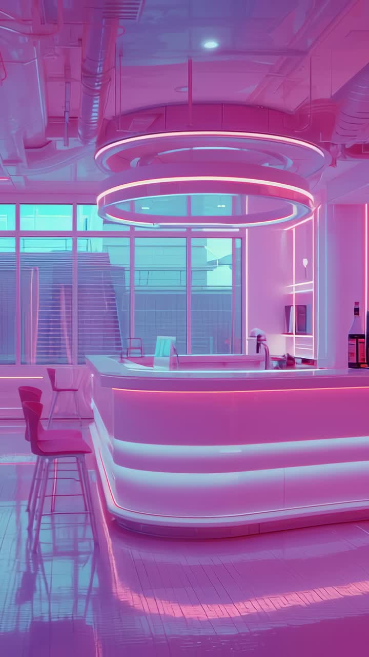 Vertical video: Camera starting panning across LED-lit bar counter in lounge, revealing glassware