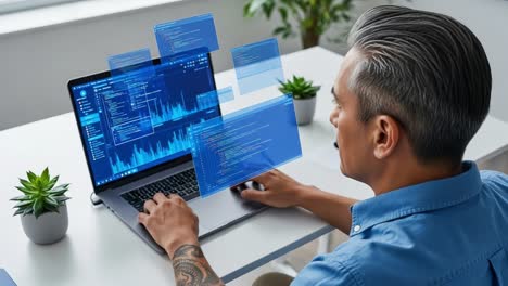 a focused developer analyzing complex data visualizations and code on a laptop surrounded by potted plants in a modern workspace