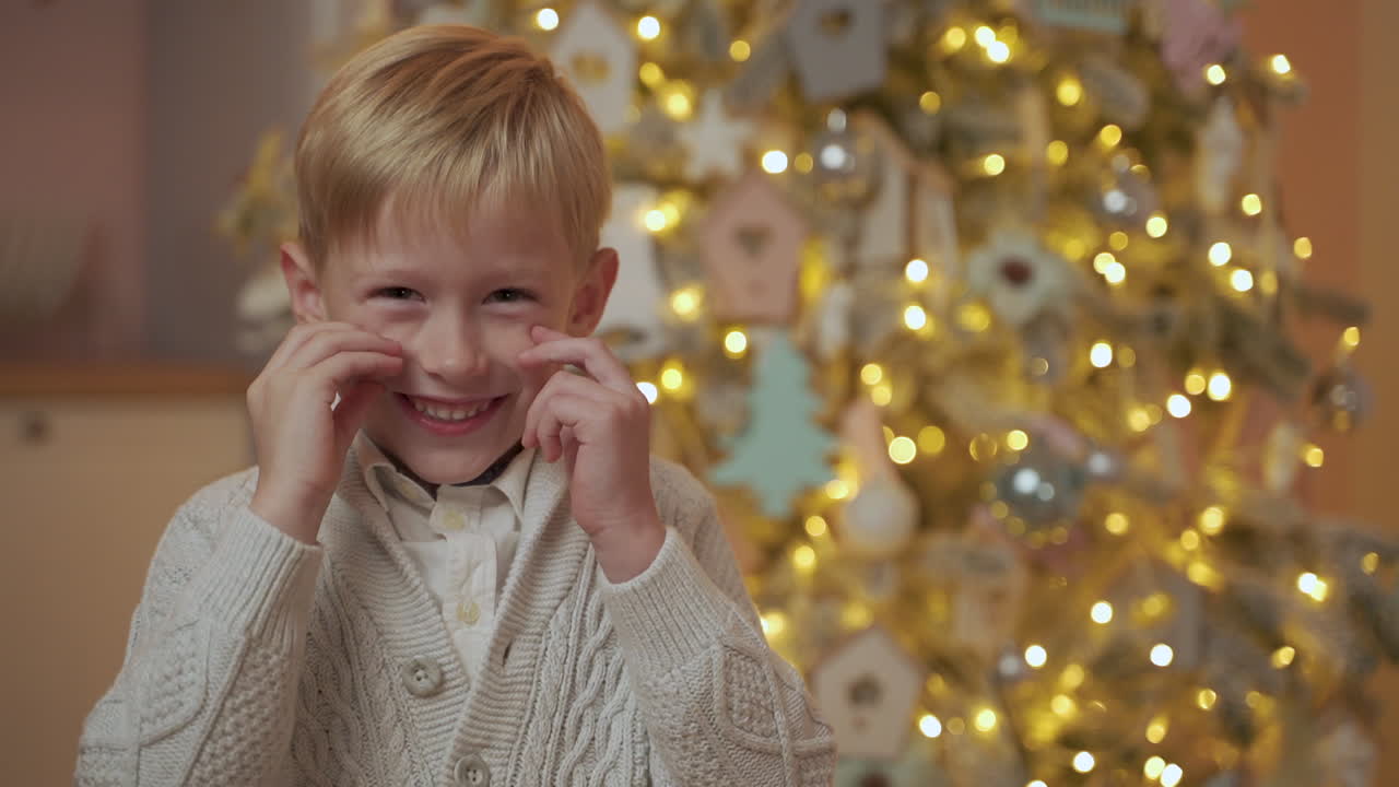 Bambino che fa smorfie divertenti e festeggia il Natale a casa, con spazio per il testo