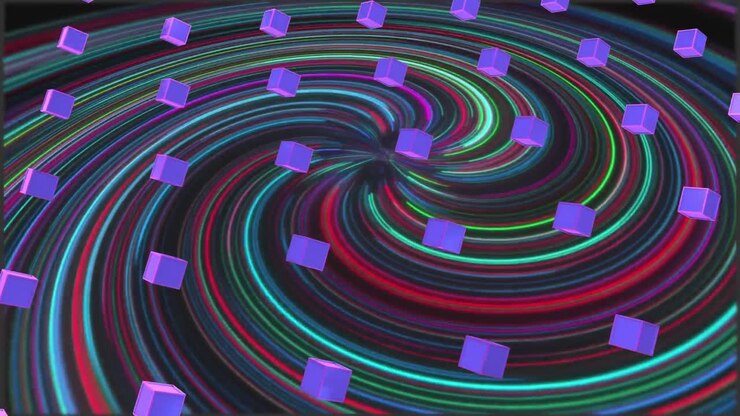 Animation of rows of 3d cubes shapes moving over light trails