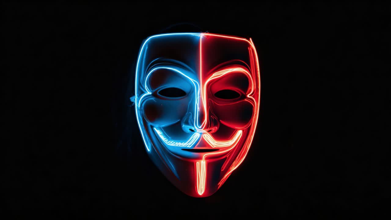 A striking visual of a neon mask adorned with contrasting blue and red lighting effects, embodying themes of mystery, rebellion, and anonymity in a captivating dark backdrop