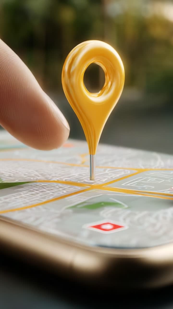A close-up view of a vibrant yellow map marker being placed on a detailed smartphone map, showcasing the interaction between technology and navigation, emphasizing the access to locations and mapping functionalities
