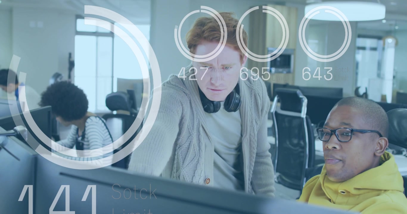 Animation of scopes and numbers over diverse business people in office