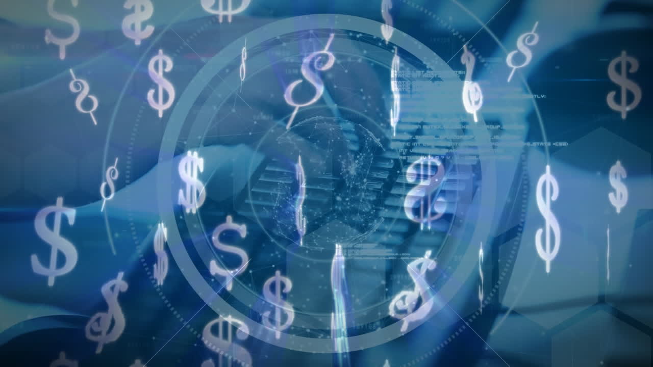 키보드에 타이핑하는 사람에 맞서 지구상에 떨어지는 달러 기호