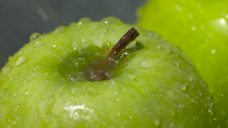 close-up of a delicious, ripe granny smith apple being washed outside in the sunshine