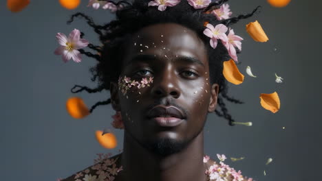 ethereal portrait of a man with flowers and petals