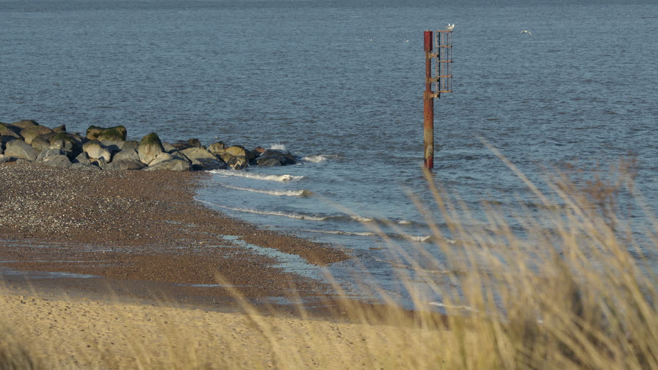 wide shot looking through Marram grass of the beach and rock sea defences at Caister on Sea.