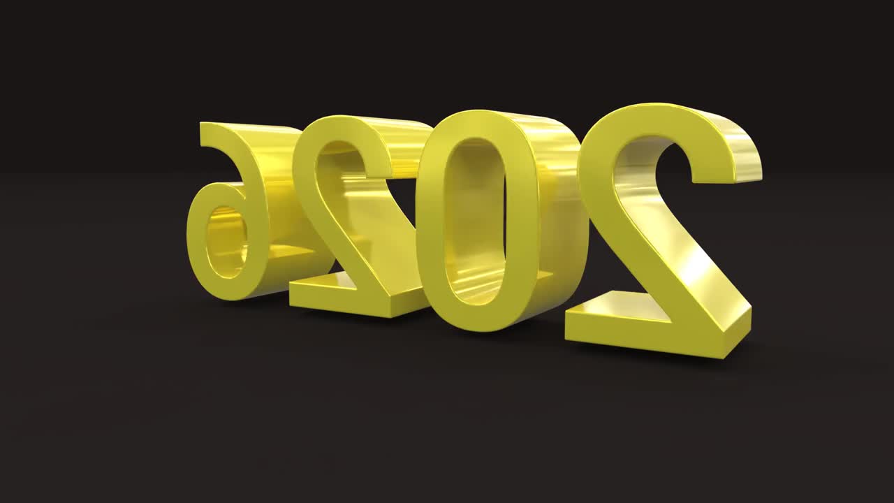 Numbers of the year 2026 in gold color rotating on a black background