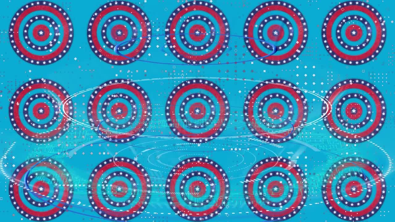 파란색 배경에 미국  ⁇ 발이 그려진 원의 애니메이션