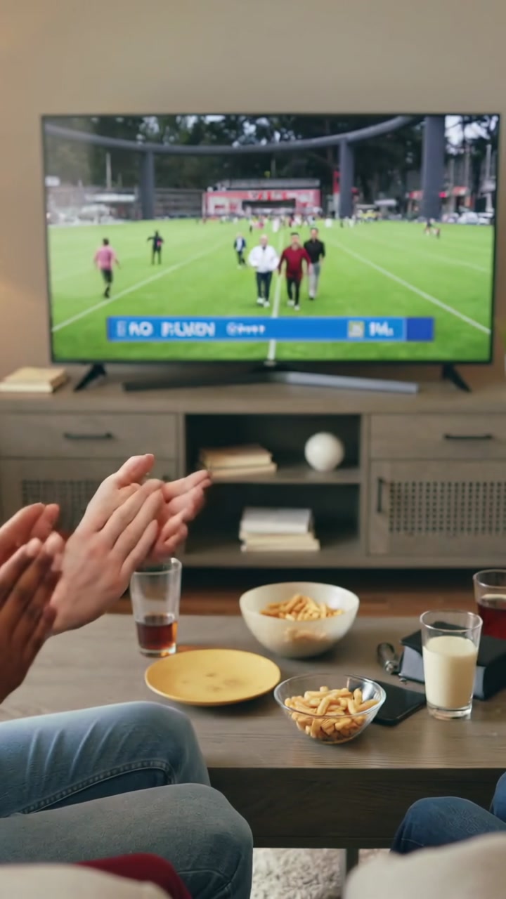 Vertical video: 3 pals clapping, pointing as players moving on TV sparking leaning to follow game