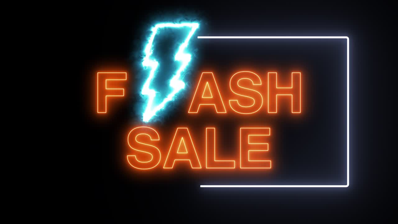 venta flash con trueno azul naranja colorido de línea de neón llama brillante parpadeante marco de bucle de animación al azar en un fondo negro.