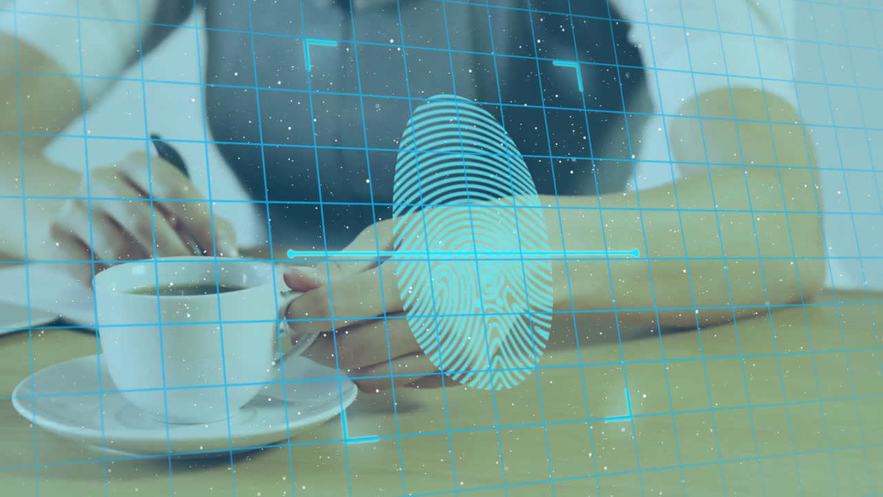 Animation of padlocks and fingerprint scan over caucasian woman writing at desk