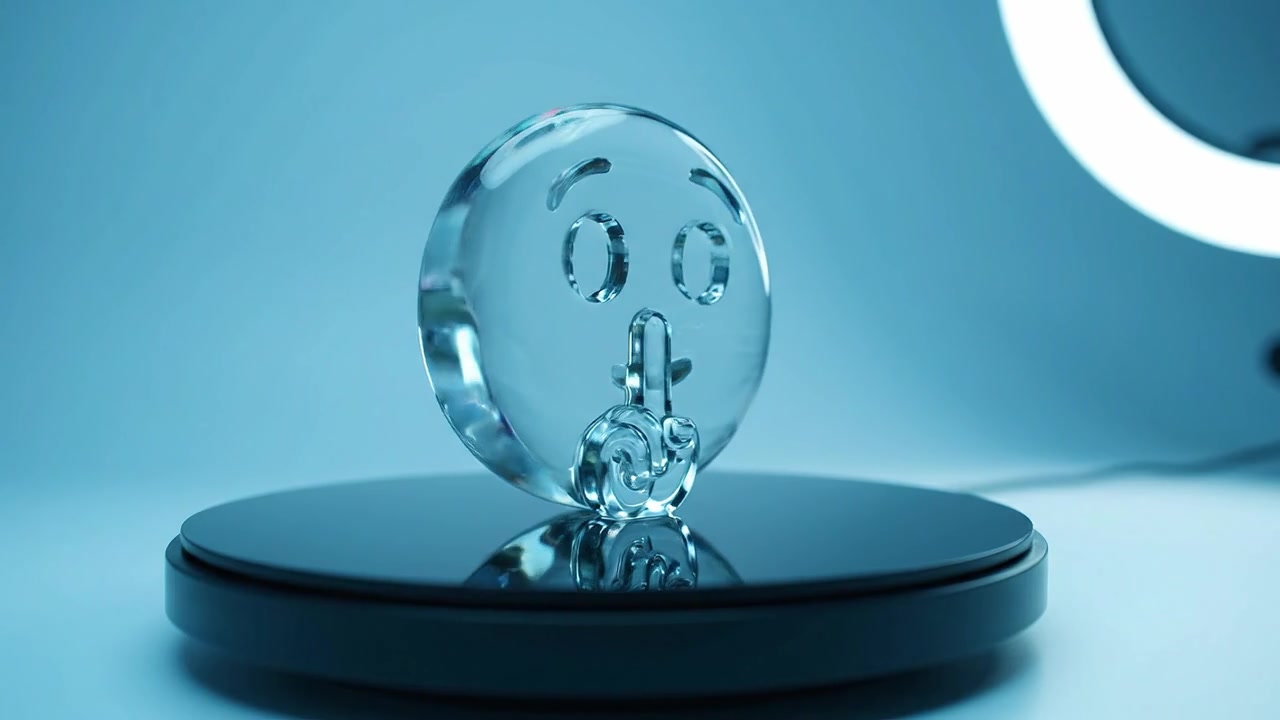 Una statuetta emoji in vetro trasparente che fa un gesto di silenzio sotto una morbida illuminazione blu, evidenziando il tema del silenzio e della discrezione in una presentazione creativa.