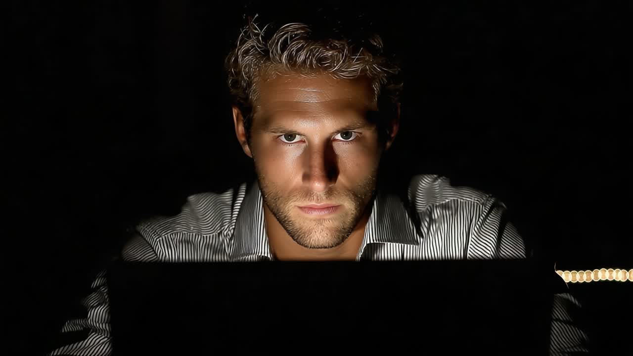 A Focused Individual Enveloped in Darkness, Engrossed in a Digital World, Illuminated by the Soft Glow of a Laptop Screen, Igniting Curiosity about His Intentions and Thoughts