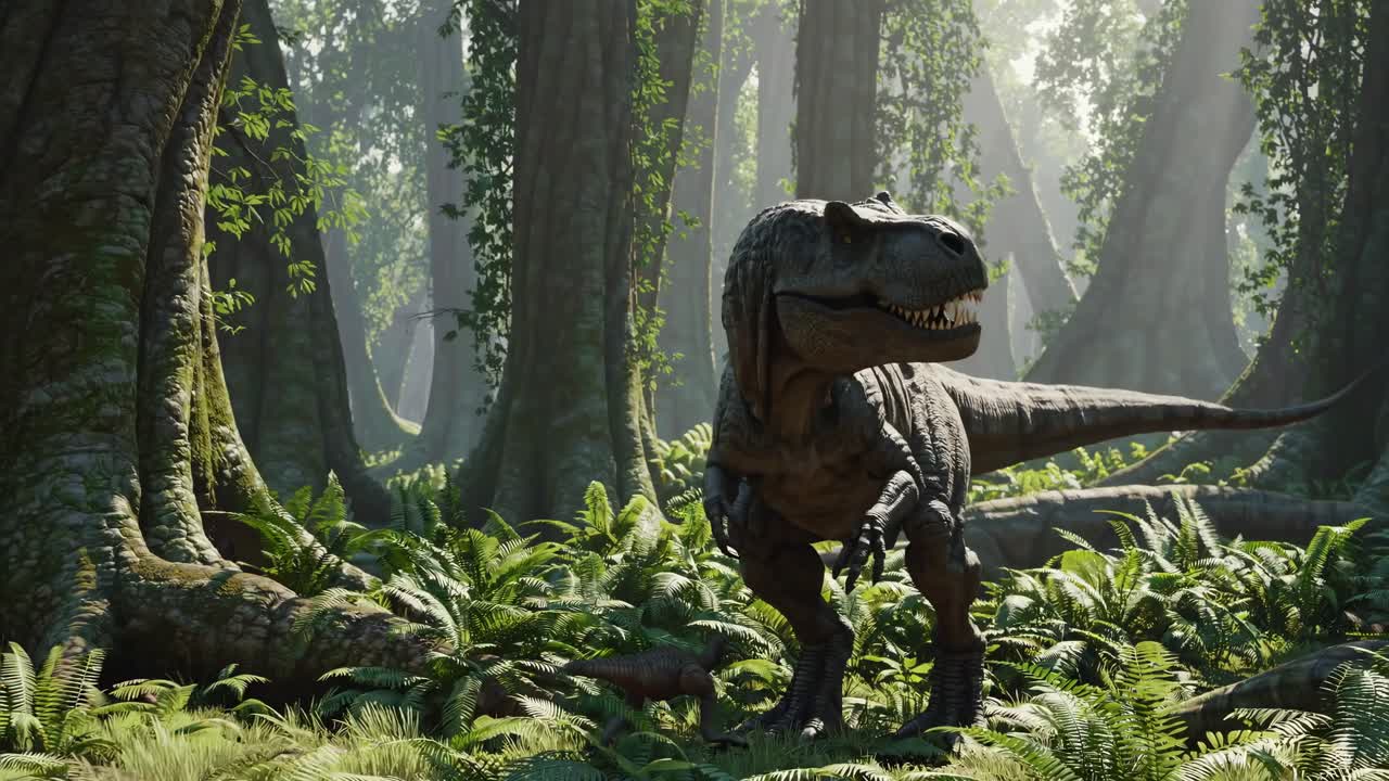 A realistic 3D render of a T-Rex in a lush jungle, captured from a low-angle shot