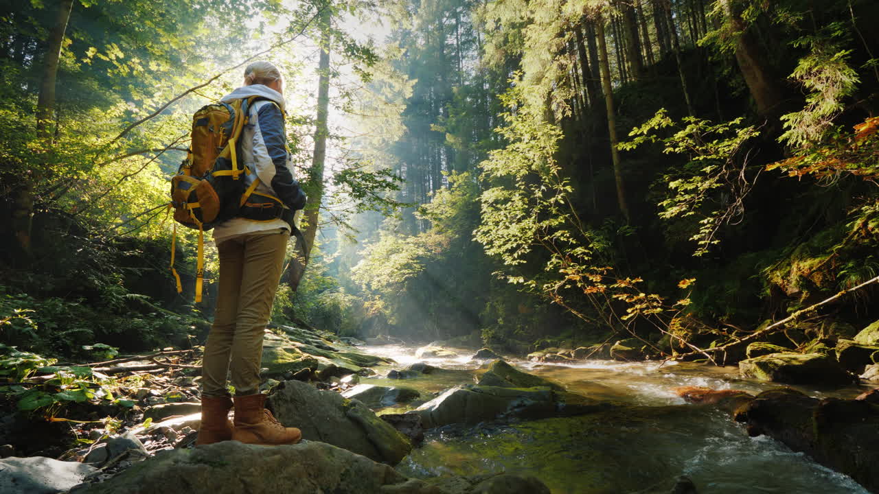 un viajero solitario admira el hermoso paisaje forestal temprano en la mañana los rayos del sol sh