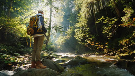 a lonely traveler admires the beautiful forest landscape early in the morning the rays of the sun sh